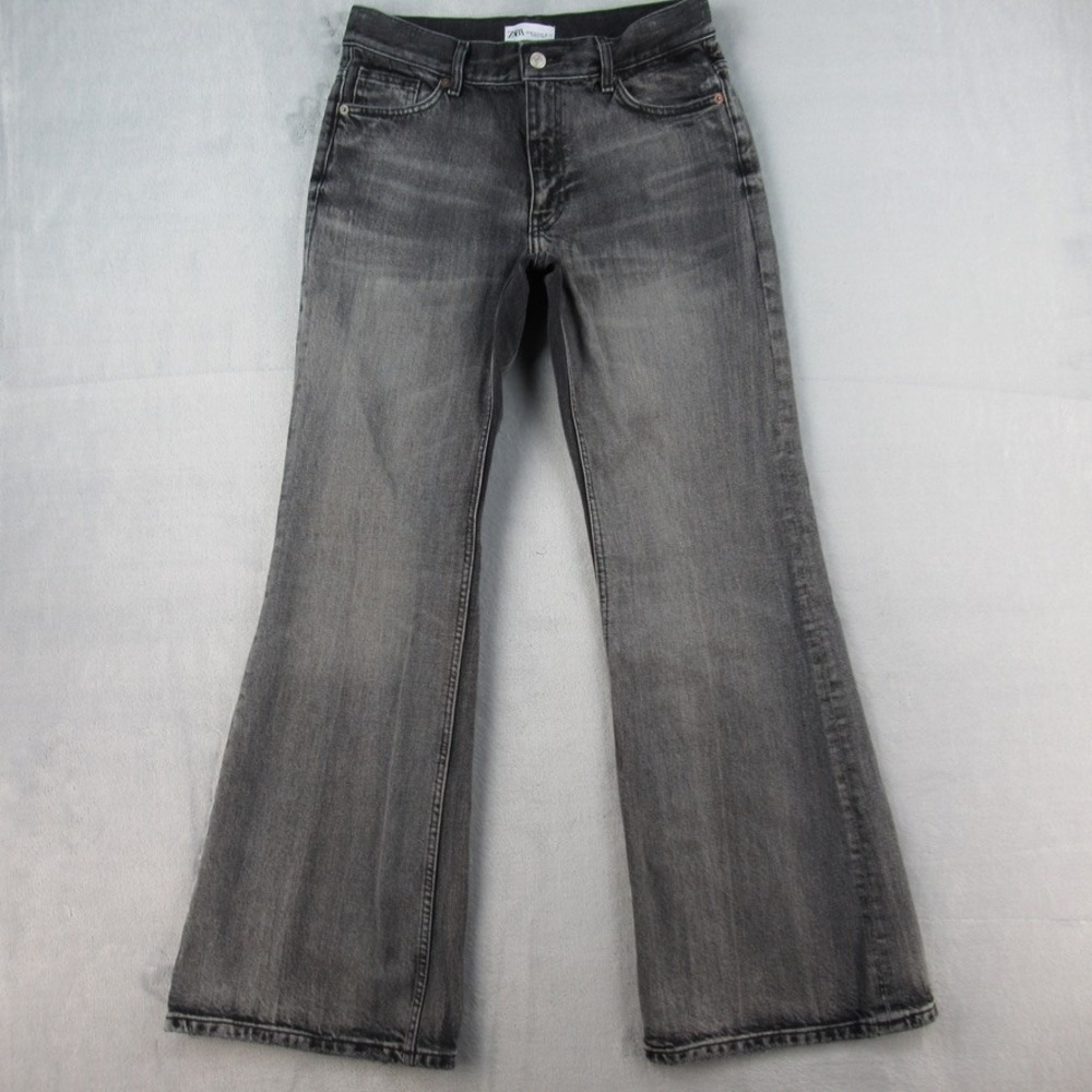 Zara Women Gray Acid Wash High Rise Flare Leg Cotton Denim Jeans Size 6 EUR 38